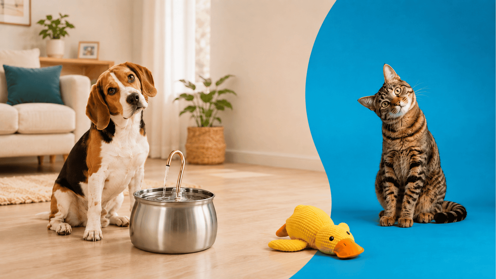 Cane e gatto con fontanella e papera giocattolo Skimys